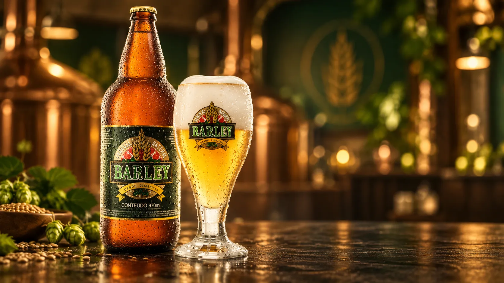 Garrafa e copo de cerveja Barley Natural em ambiente de cervejaria