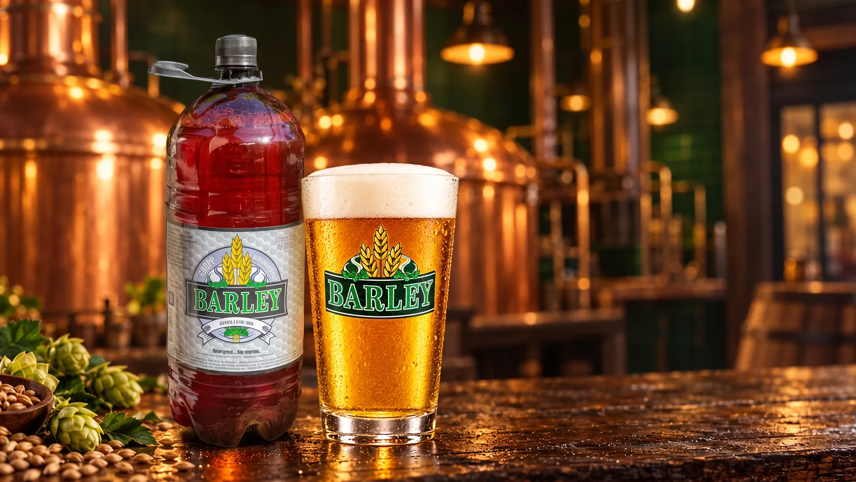 Garrafa e copo de cerveja Barley American Lager em ambiente de cervejaria
