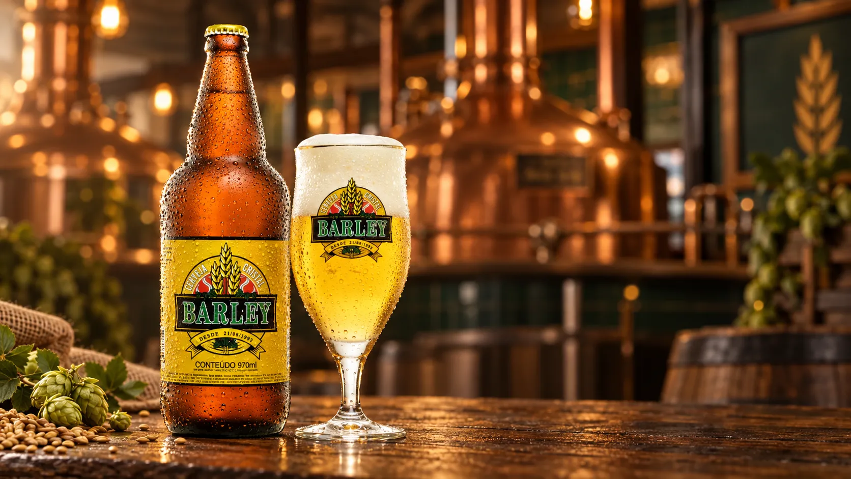 Garrafa e copo de cerveja Barley Cristal em ambiente de cervejaria