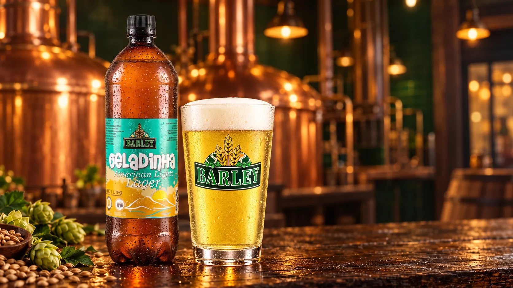 Garrafa e copo de cerveja Barley Geladinha em ambiente de cervejaria