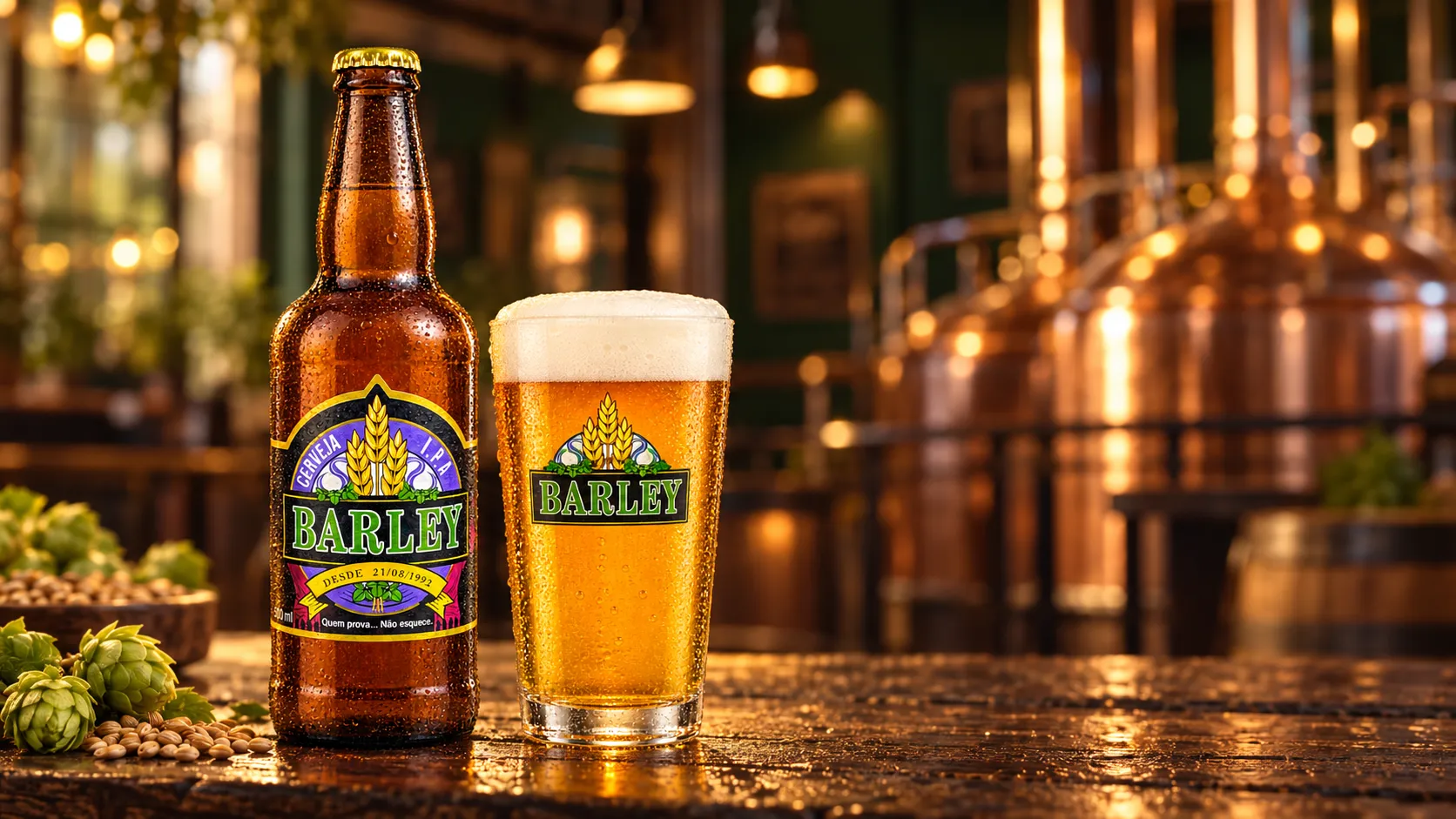 Garrafa e copo de cerveja Barley IPA em ambiente de cervejaria
