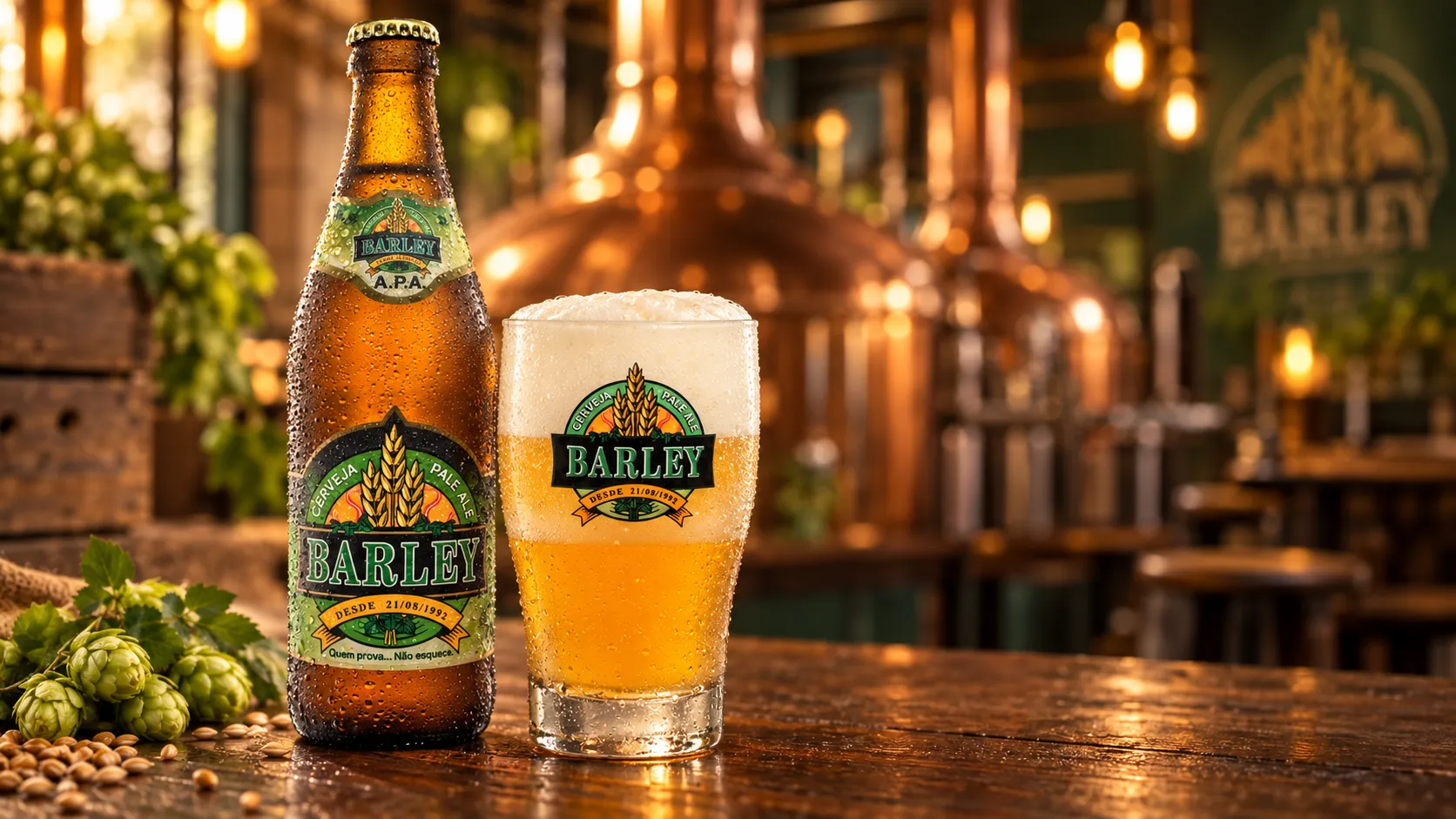 Garrafa e copo de cerveja Barley Pale Ale em ambiente de cervejaria