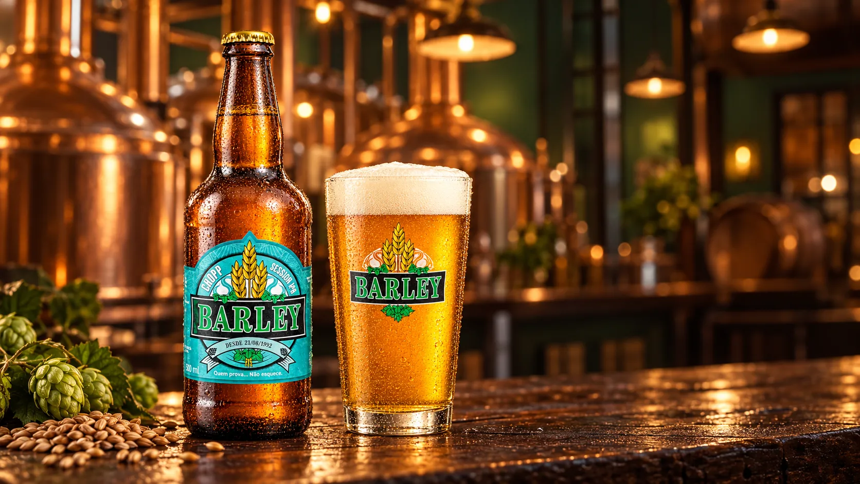 Garrafa e copo de cerveja Barley Session IPA em ambiente de cervejaria
